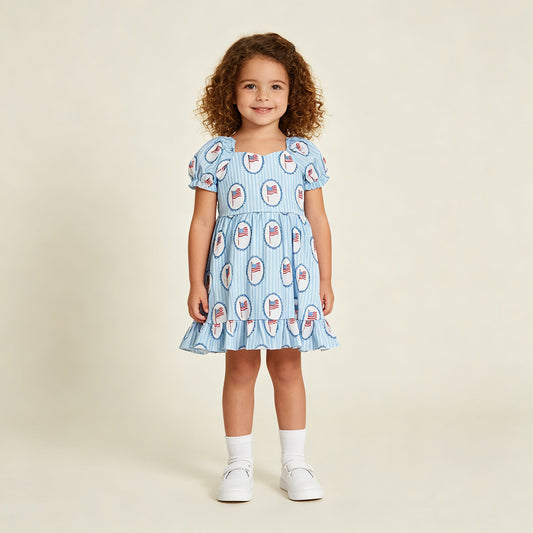 RTS NO MOQ milk silk GSD3792 Baby Girls Cute Blue Stripe Bow Flags 4th of July Knee Length Dresses