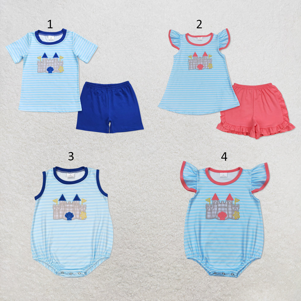 RTS NO MOQ Sibling milk silk Baby Girl Boys Blue Striped Print Top Shorts Set Rompers