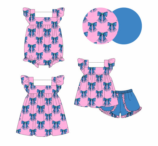 4.3 custom each style moq 5eta 4-6week Sibling Sisters bow baby girl short sleeve shorts sets and dress and rompers match family design