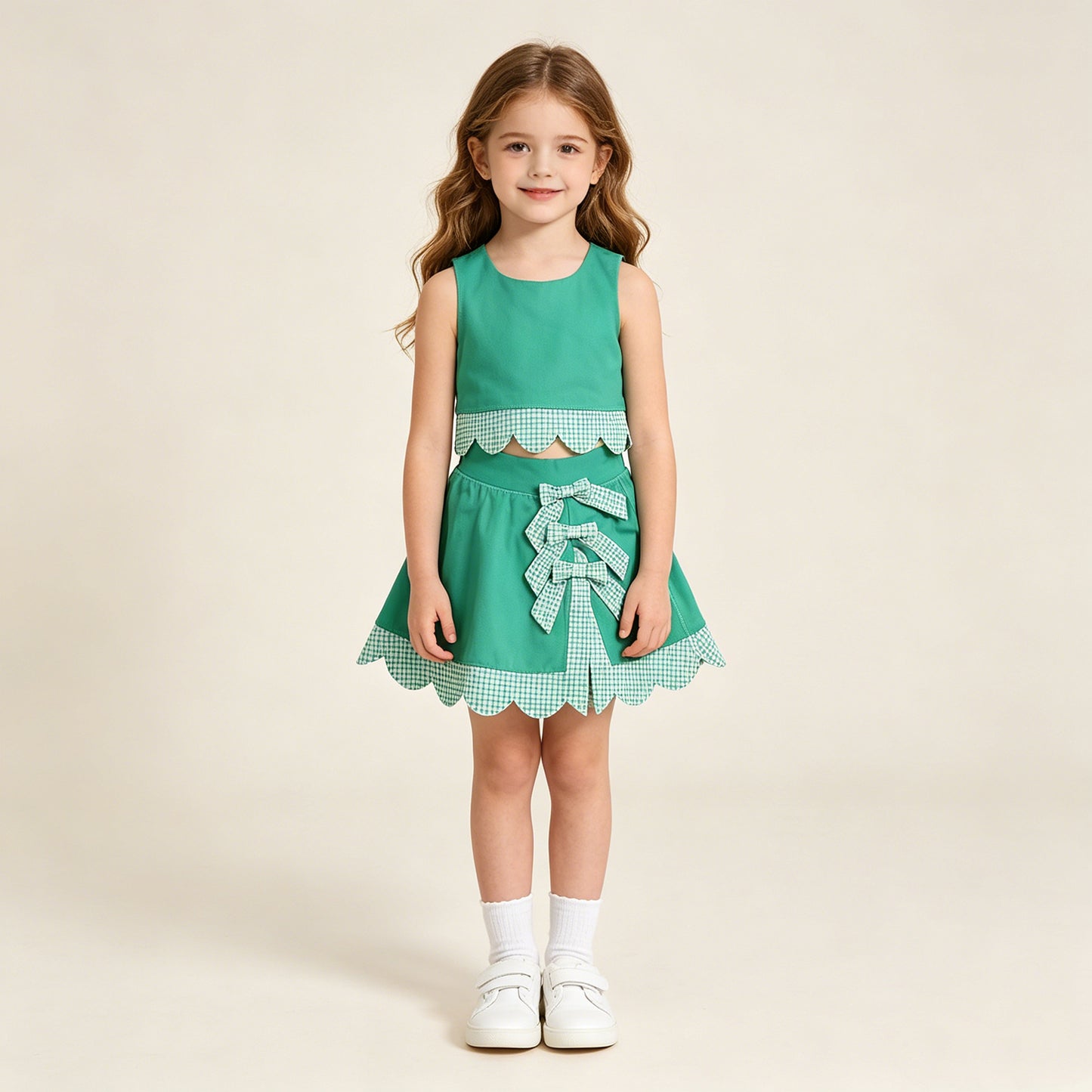 RTS NO MOQ yoga fabric GSD3320 Baby  Girls Green Vest Bows Scallop Yoga Active Two Piece Sets