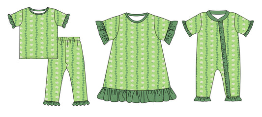 4.28 custom each style moq 5eta 4-6week Sibling Sisters green baby girl short sleeve pants sets and dress and rompers match family design