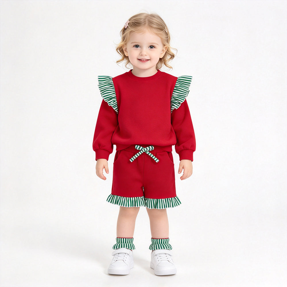 RTS NO MOQ Sibling cotton Baby Girls Solid Long Sleeve Top Striped Ruffle Shoulder And Short Set