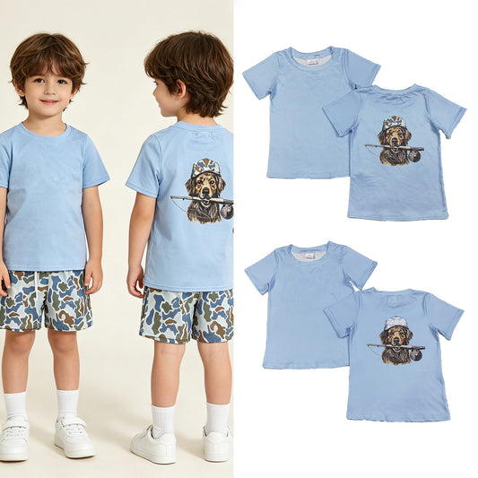 RTS NO MOQ Sibling milk silk Baby Boys Dog Fishing Hunting Printed Blue Short Sleeve T Shirts Top