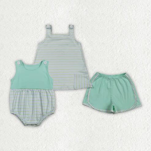 RTS NO MOQ Sibling Baby Boys Girls Sleeveless Romper Aqua Stripe Tunic Short Clothes Set