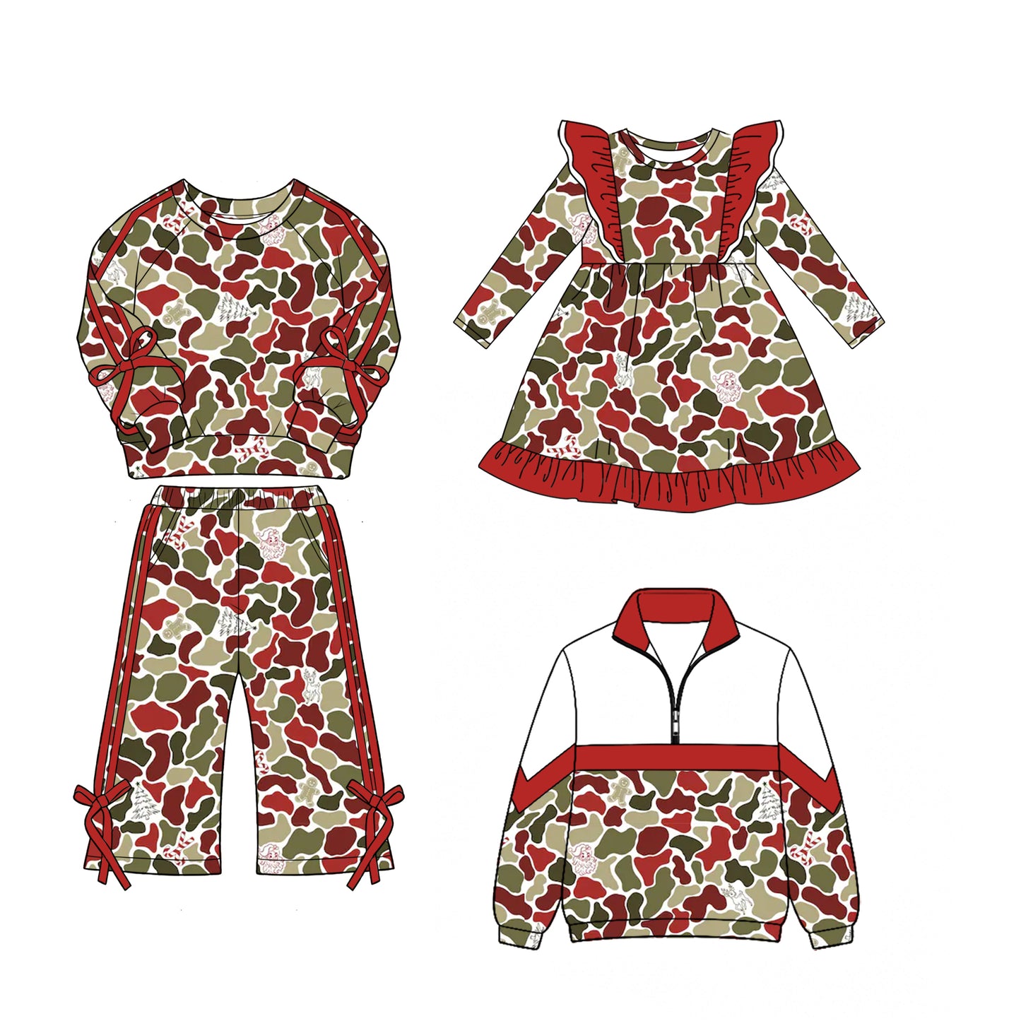 (Preorder new) No moq Baby Red Camouflage Long Sleeve Pants Sets Dress Matching Zip Up Long Sleeve Sweater