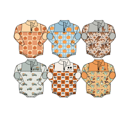 (Preorder new) No moq Baby Halloween Pumpkin Bat Print Quarter Zip Color Block Romper