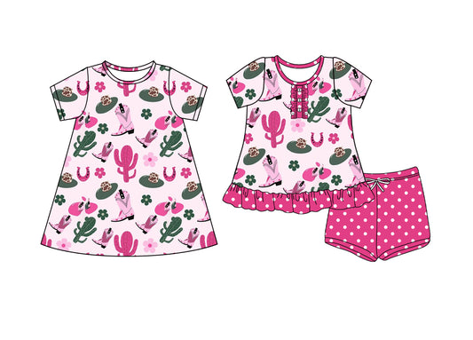 4.11 custom each style moq 5eta 4-6week Sibling Sister boot hat catcus floral baby girl short sleeve shorts sets and dresses match design