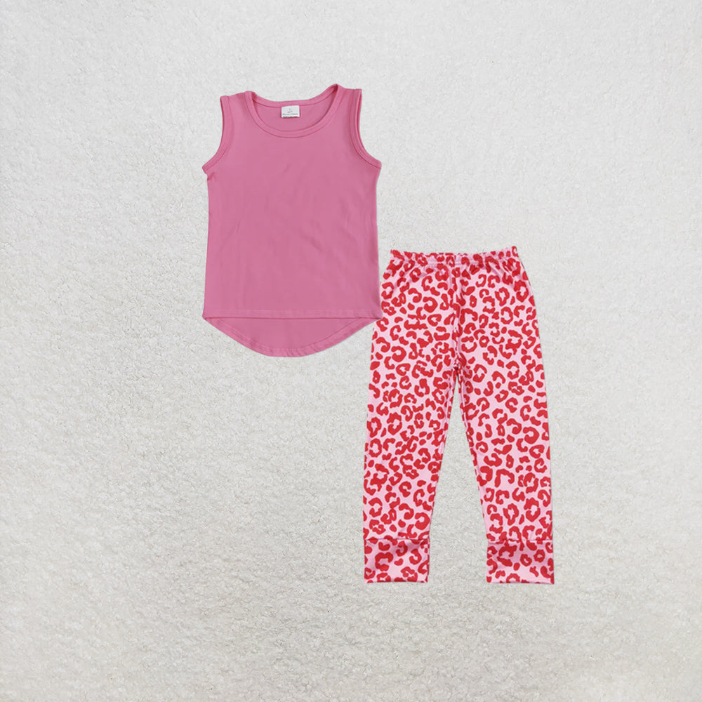 RTS NO MOQ milk silk GT0983+P0386 Baby Girls Pink Sleeveless Vests Tops Leopard Elastic Pants