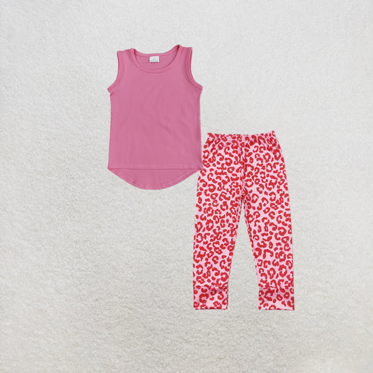 RTS NO MOQ milk silk GT0983+P0386 Baby Girls Pink Sleeveless Vests Tops Leopard Elastic Pants