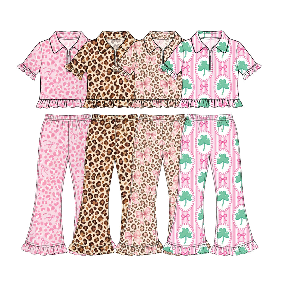 (Preorder new) No moq Baby Girls Leopard Bow Clover Print Ruffle Short Sleeve Flare Pant Set