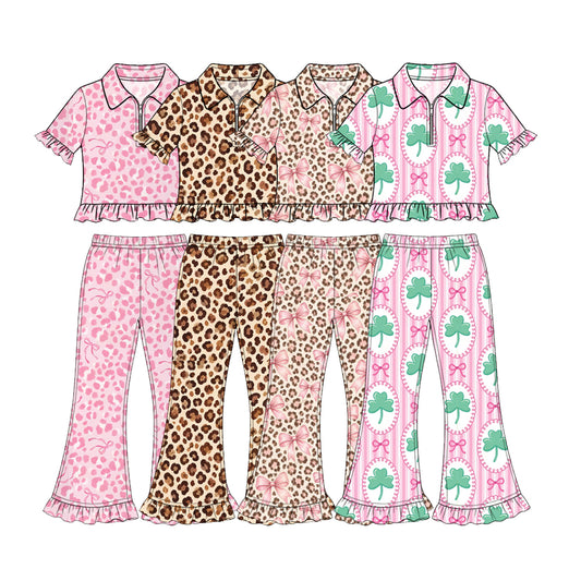 (Preorder new) No moq Baby Girls Leopard Bow Clover Print Ruffle Short Sleeve Flare Pant Set