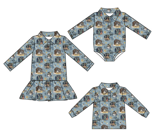 25.7.8 custom each style moq 5eta 4-6week Sibling Sisters baby girls long sleeve dress and top and romper match family design