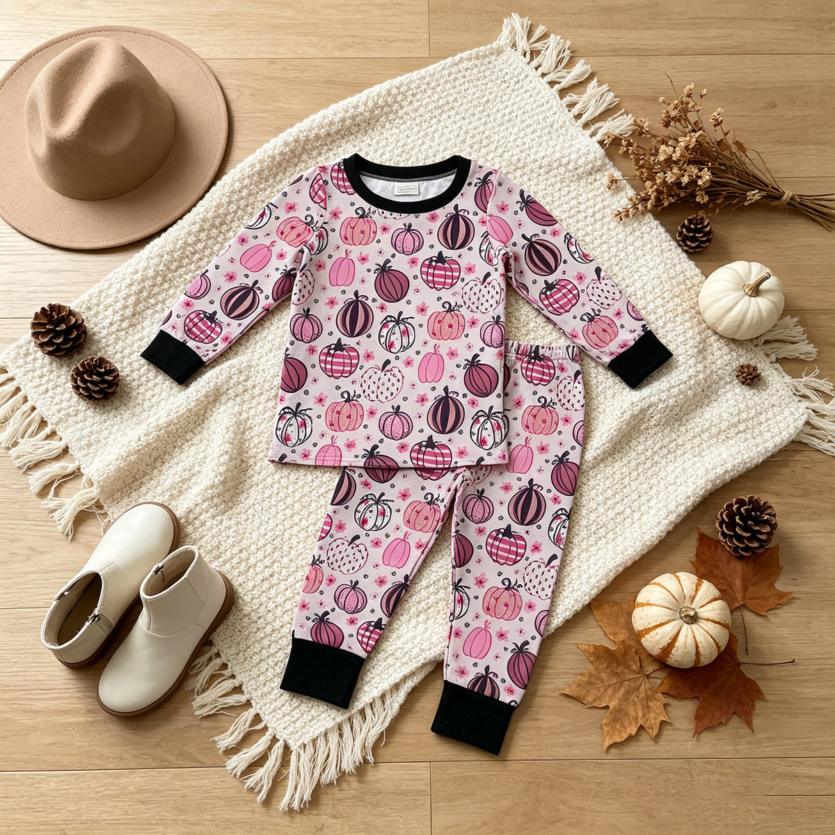 NEW RTS NO MOQ milk silk GLP3357 Baby Girls Flowers Pumpkins Print Long Sleeve Top Pant Pajamas Sets