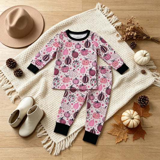 NEW RTS NO MOQ milk silk GLP3357 Baby Girls Flowers Pumpkins Print Long Sleeve Top Pant Fall Pajamas Sets