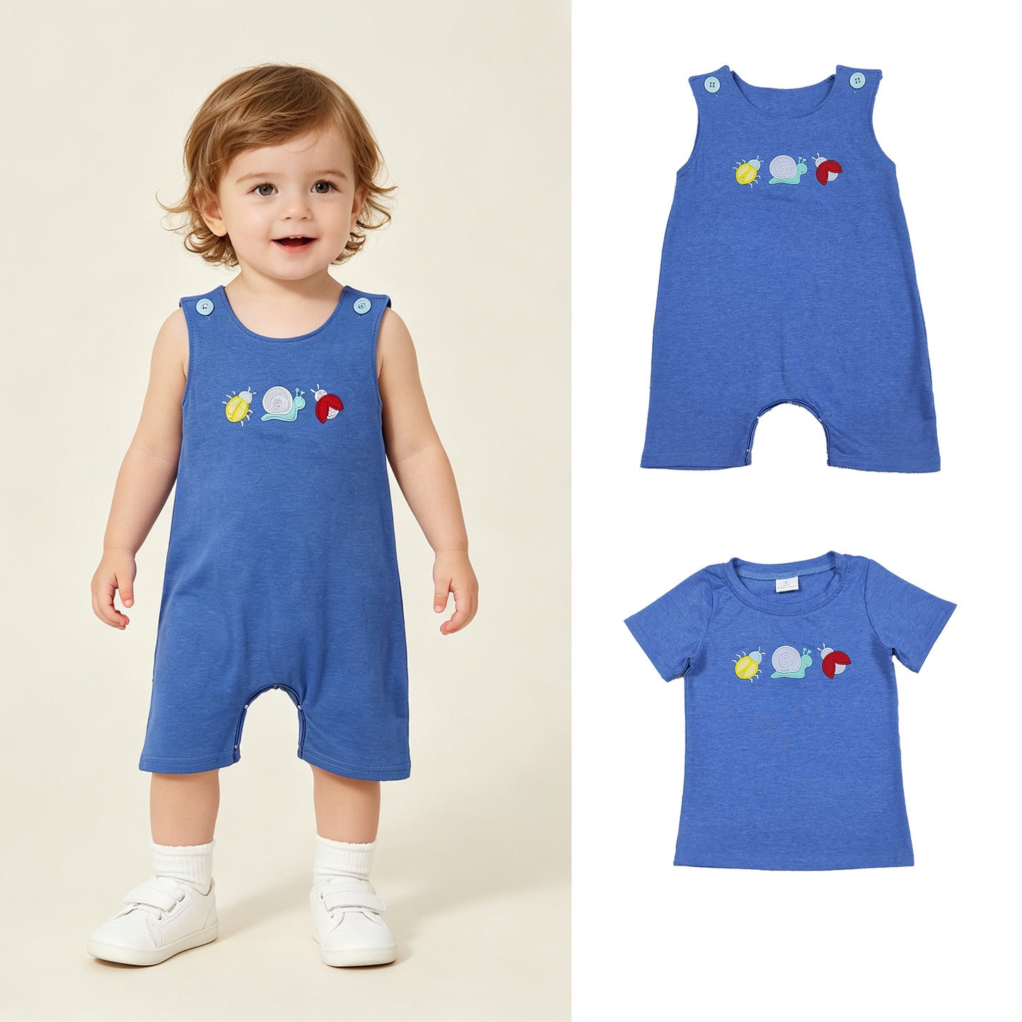 RTS NO MOQ Sibling Baby Boys Summer Embroidery Ladybirds Snails Short Sleeve Top Sleeveless Rompers