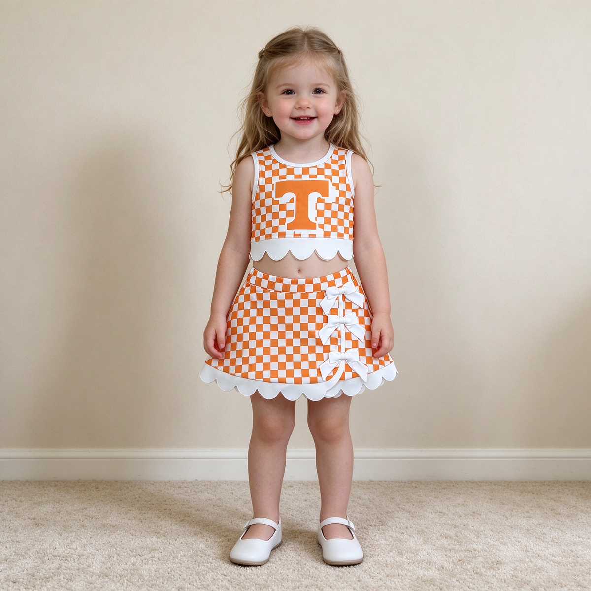NEW RTS NO MOQ yoga fabric GSD4282 Yoga Baby Girls Orange Checked Bows Scallop Trim Skirt Short Yoga Active Team Outfit Set