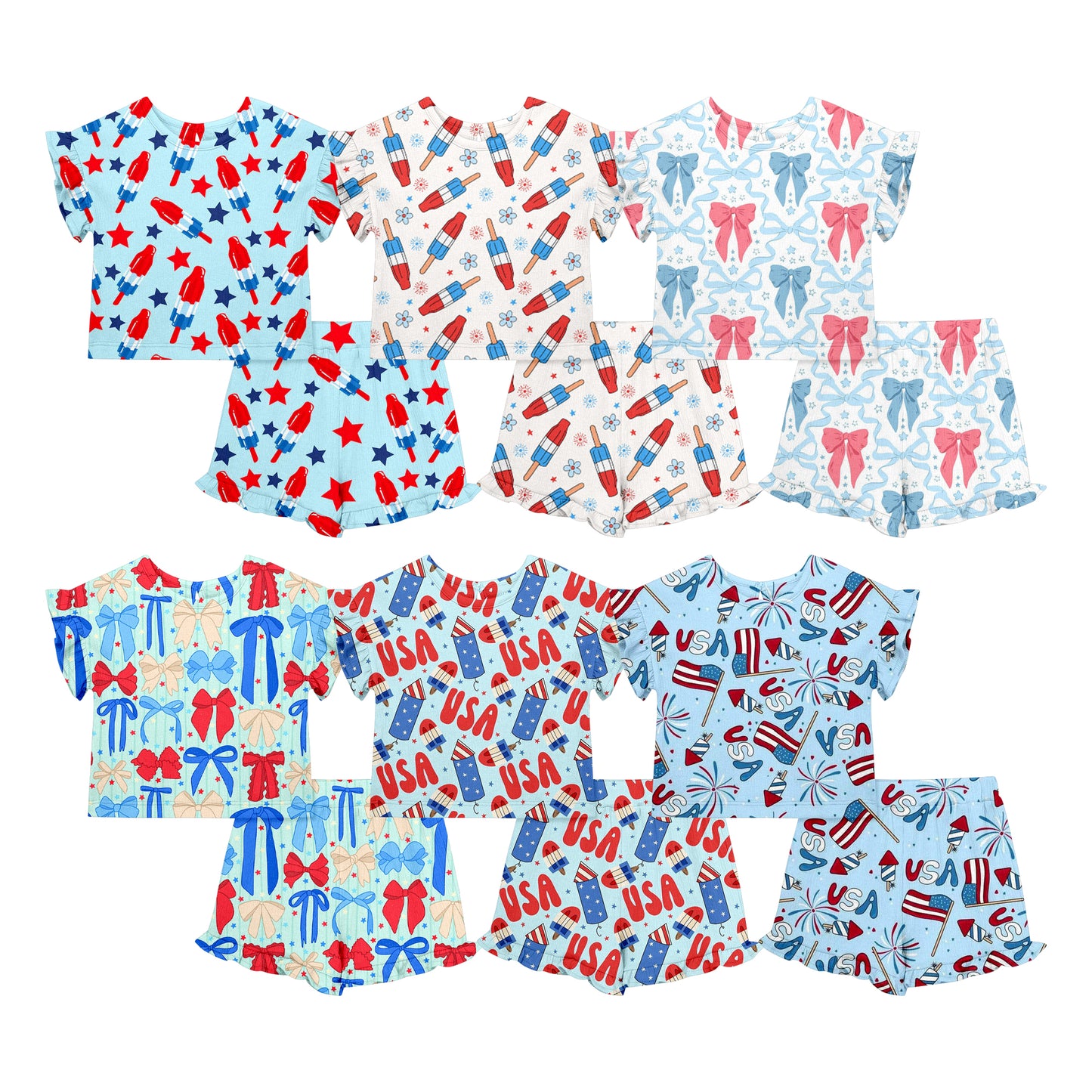 Custom moq 5 mix size Sibling Baby Girl 4th of July Short-Sleeved Top And Shorts Set Cute  Clothing for Little Ones