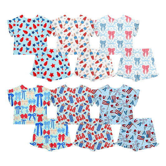 Custom moq 5 mix size Sibling Baby Girl 4th of July Short-Sleeved Top And Shorts Set Cute  Clothing for Little Ones