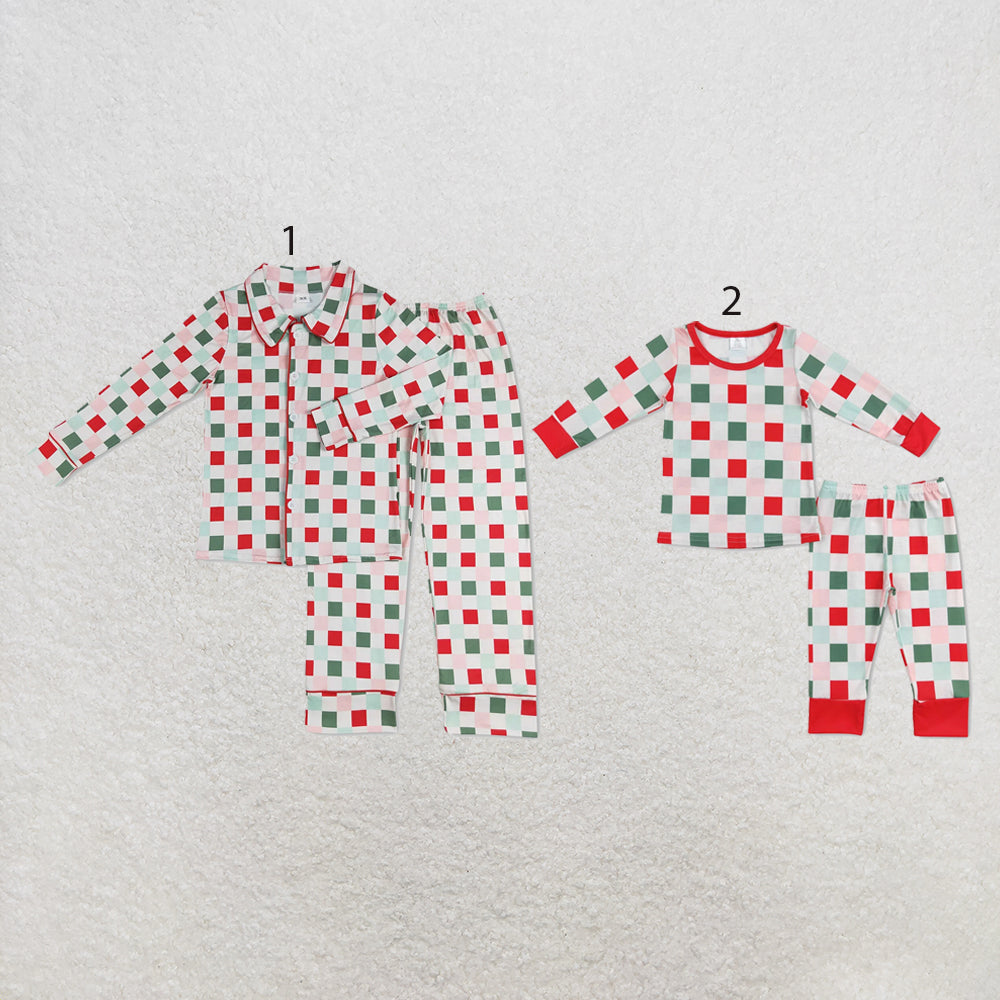 RTS NO MOQ milk silk Sibling Christmas Adult To Match Kids Red Green Check Long Sleeve Top Elastic Waist Pants Christmas Pajama Set