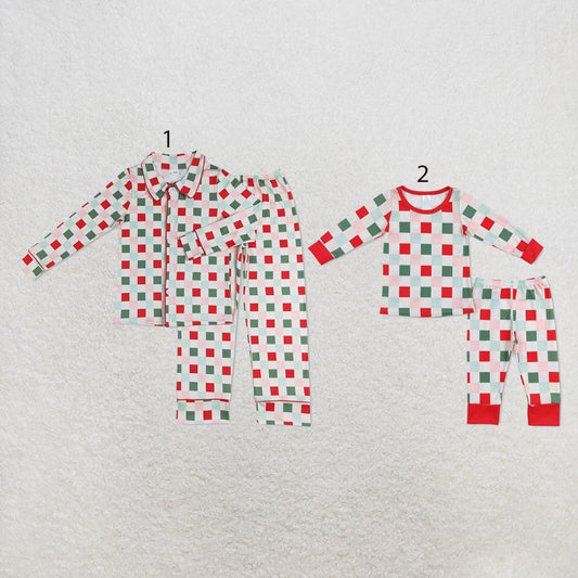 RTS NO MOQ milk silk Sibling Christmas Adult To Match Kids Red Green Check Long Sleeve Top Elastic Waist Pants Christmas Pajama Set