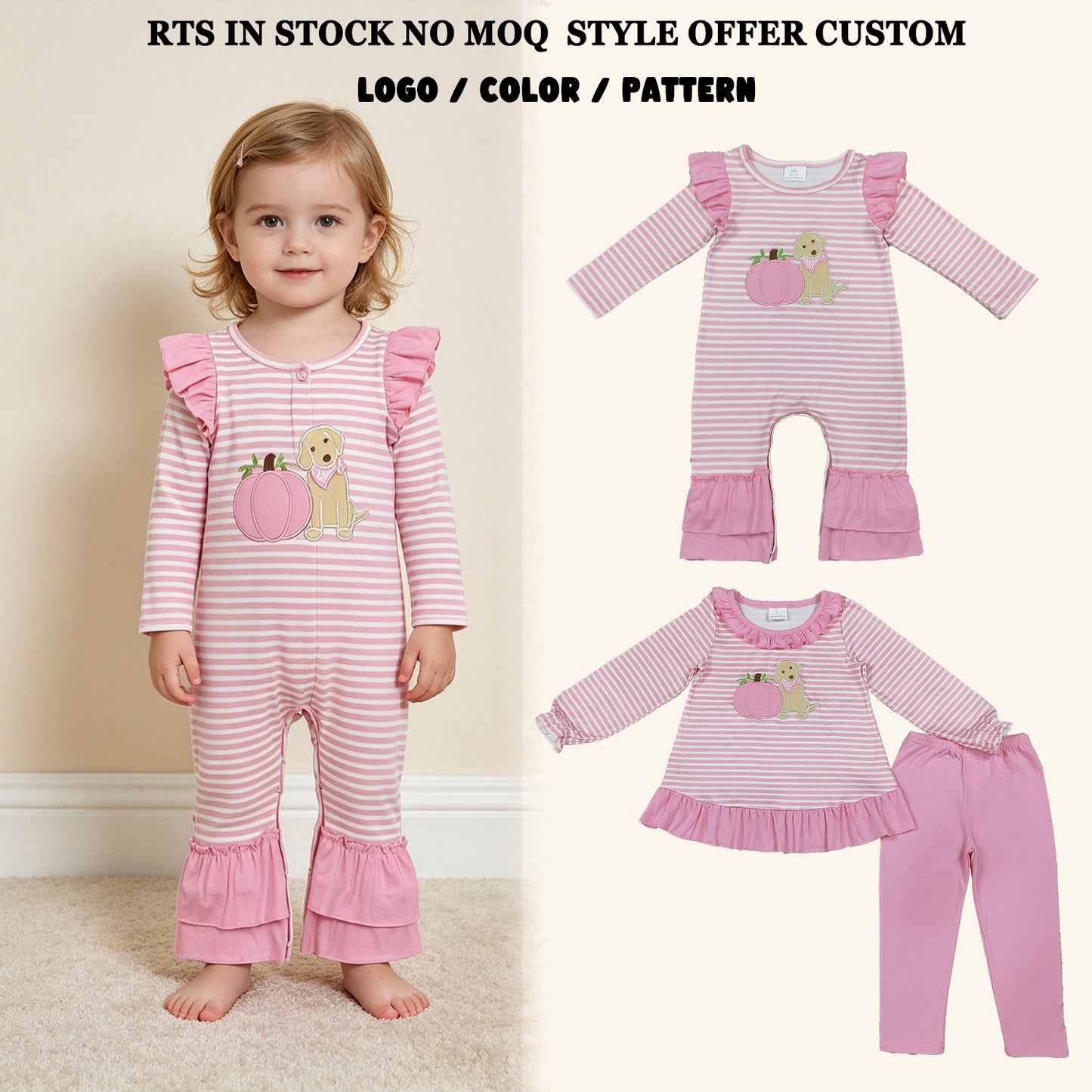 RTS NO MOQ Sibling milk silk Embroidery Pumpkins Dogs Baby Girls Pink Stripe Tunic Leggings Fall Clothes Sets Romper