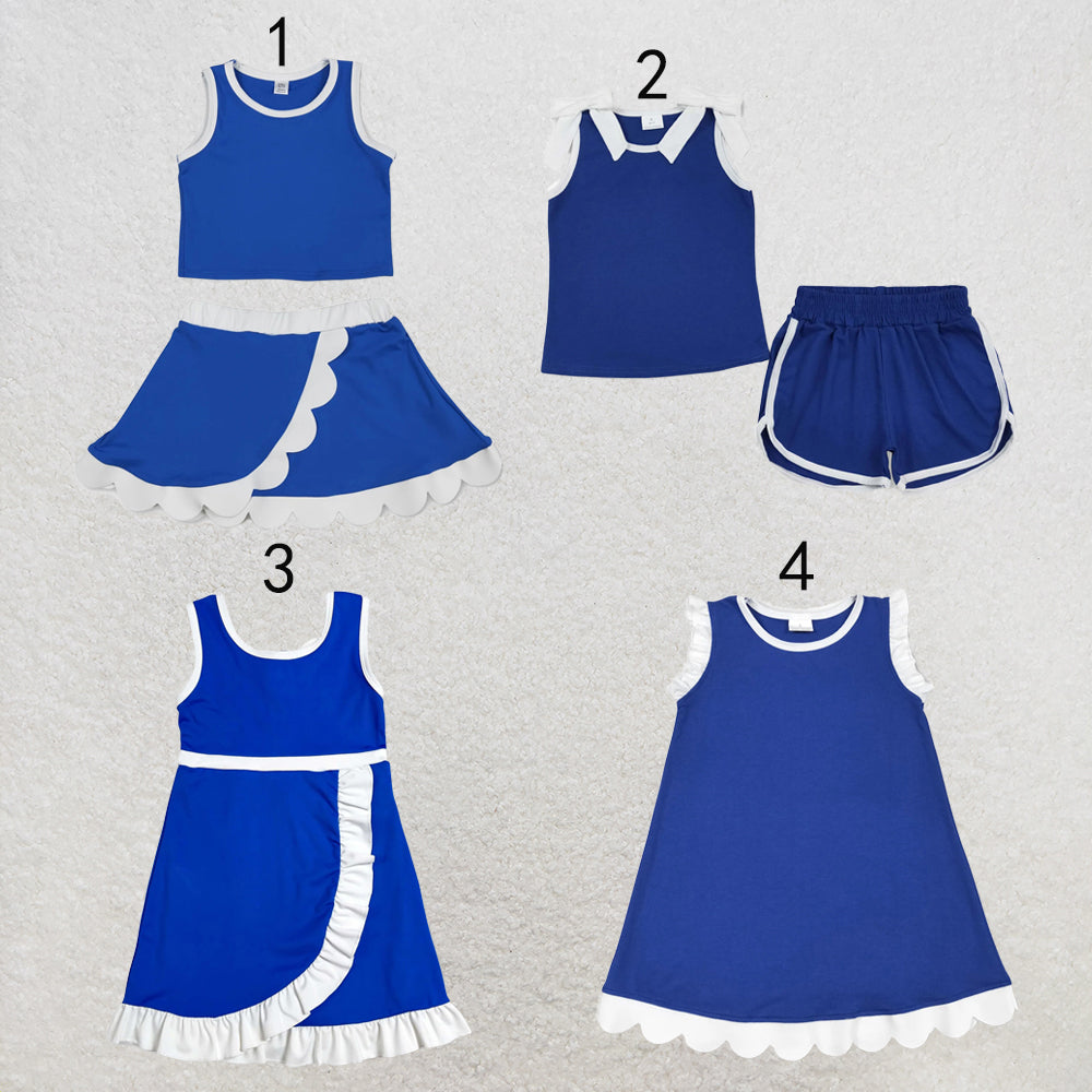 RTS NO MOQ Sibling yoga fabric cotton Baby Girls Blue White Contrast Trim Sleeveless Summer Outfit Skort Shorts Wrap And A Line Dress