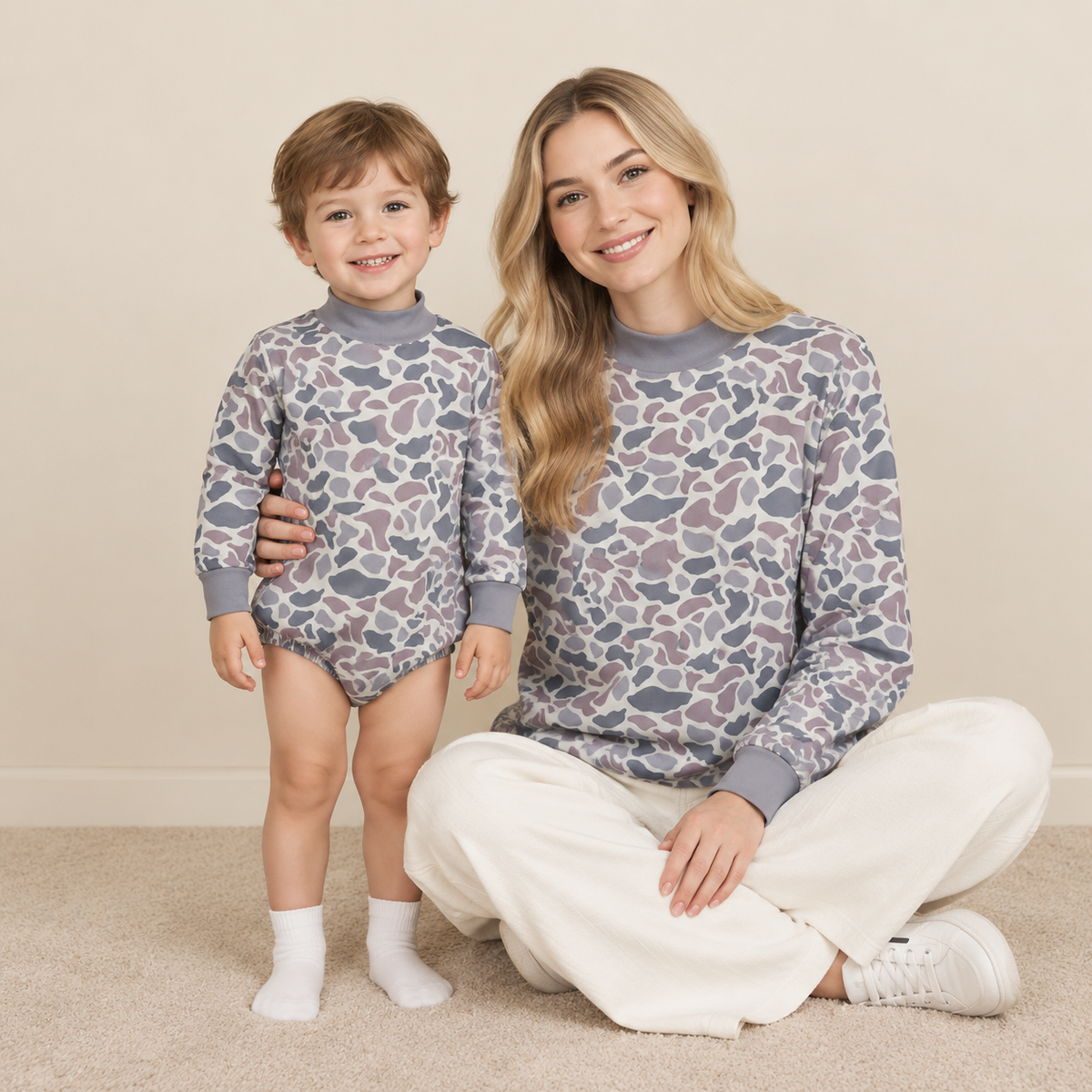 RTS NO MOQ Sibling yoga fabric Adult To Match Kids Yoga High Neck Light Grey Camo Print Mock Neck Top Long Sleeve Romper