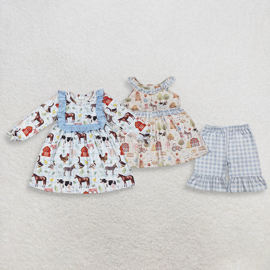 RTS NO MOQ Sibling Baby Girls Sleeveless Farm Animal Tunic And Checked Shorts Set Ruffle Knee-Length Dress