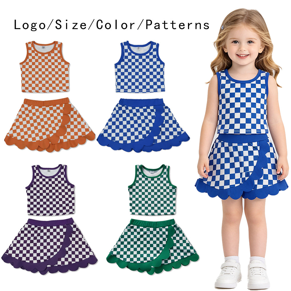 RTS NO MOQ Sibling yoga fabric Baby Girls Checkered Print Sleeveless Tank Top And Scalloped Wrap Skort Summer Yoga Set