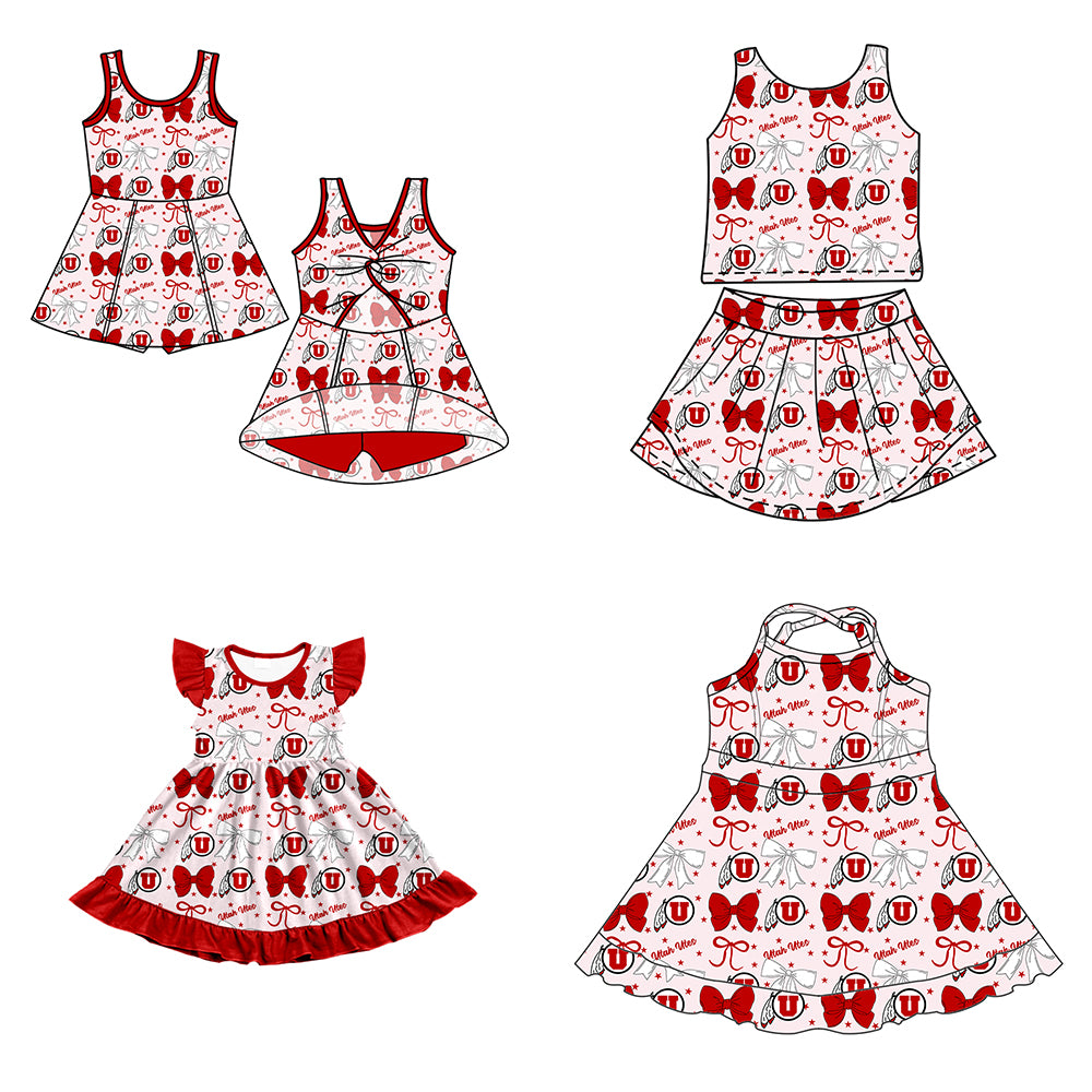 Custom moq 5 mix size milk silk summer teams baby girls clothes team bow red sleeveless skirts sets and dress 1 and dress 2 and dress 3-25.6.25