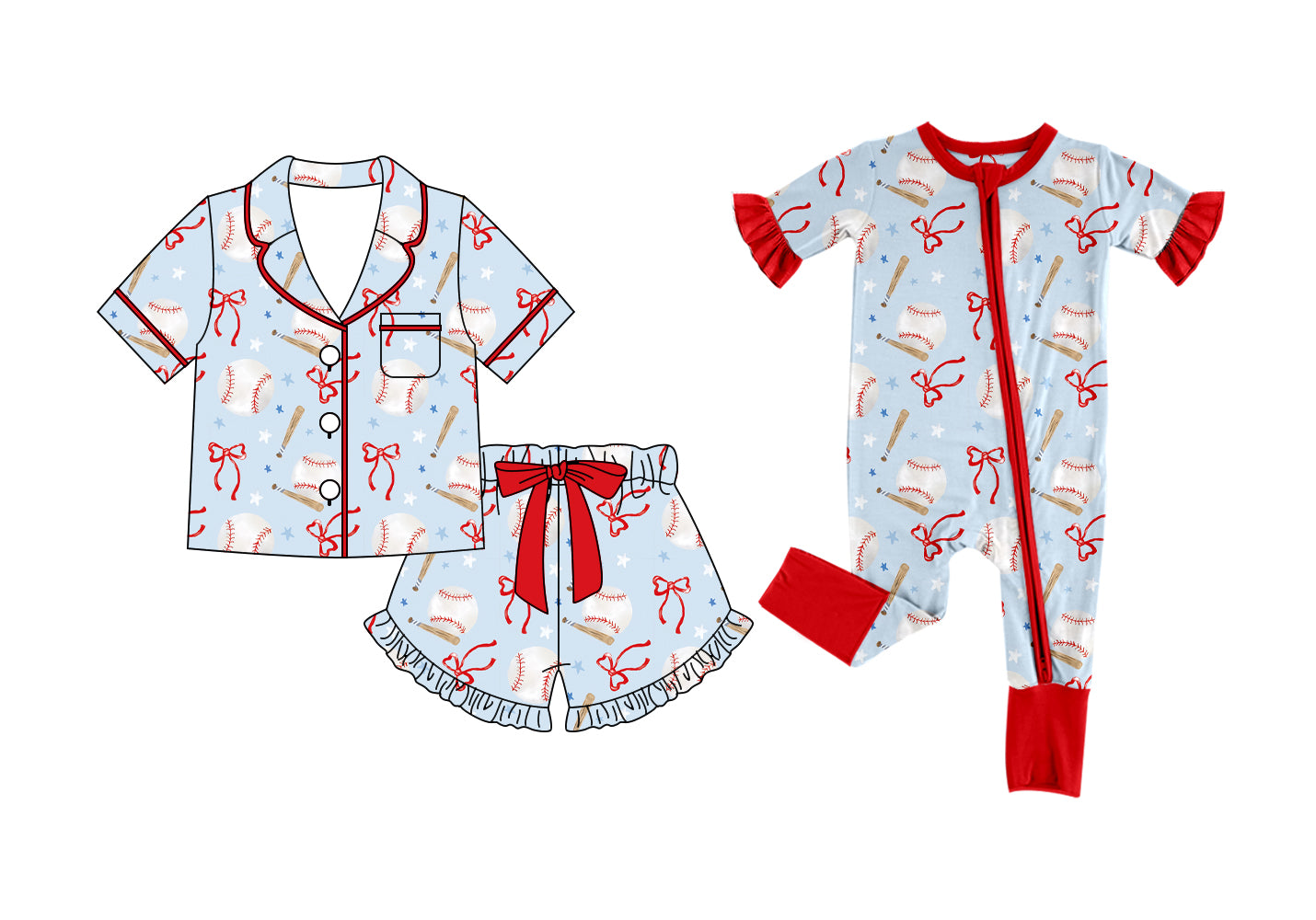 Custom moq 5 mix size Sibling Blue Baseball-Print Short-Sleeved Pajamas And Shorts Set Romper for Baby Girls Comfortable Sleepwear