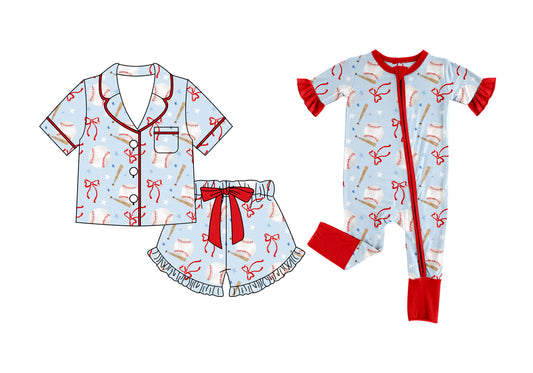 Custom moq 5 mix size Sibling Blue Baseball-Print Short-Sleeved Pajamas And Shorts Set Romper for Baby Girls Comfortable Sleepwear