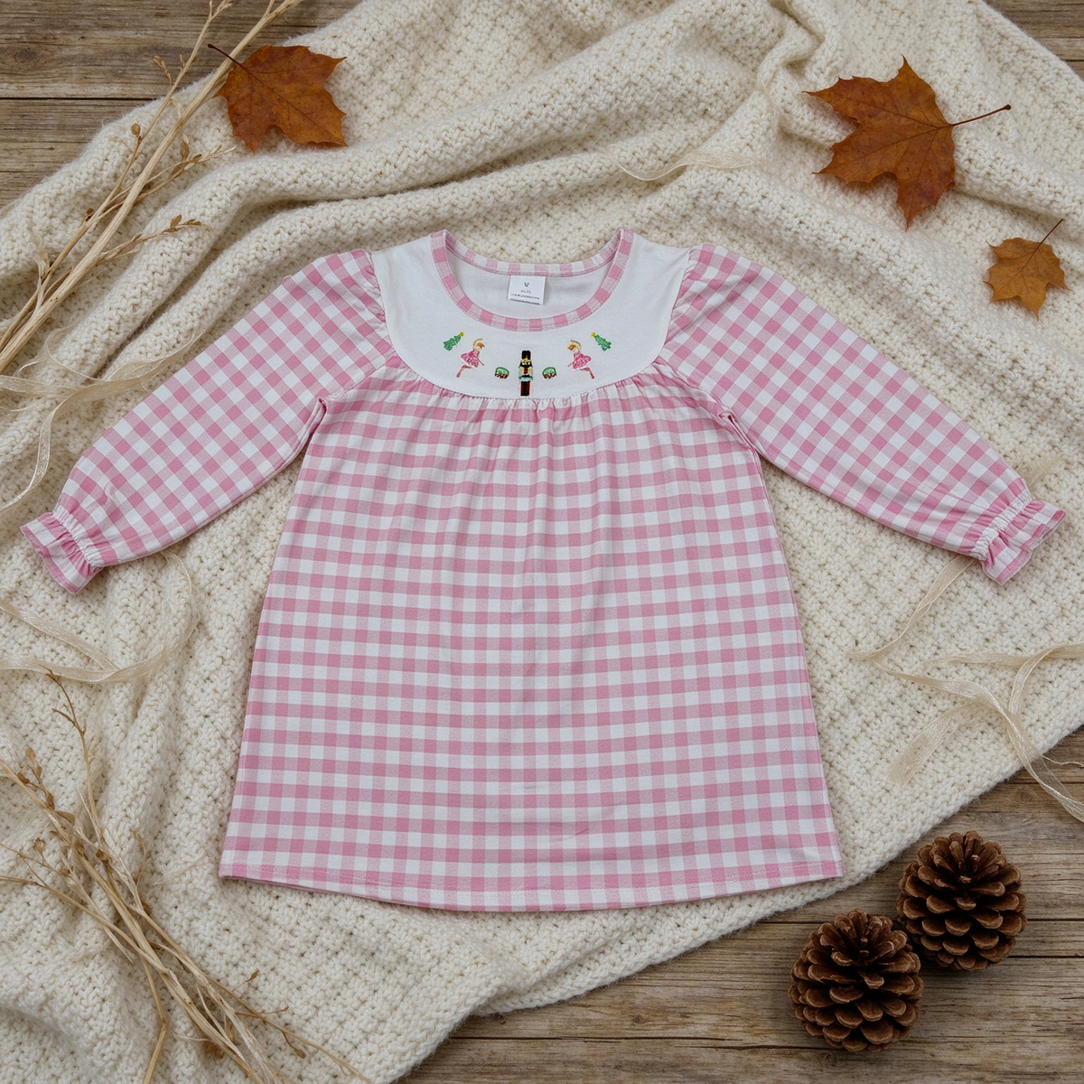 NEW RTS NO MOQ milk silk GLD0610 Embroidery Baby Girls Trees Print Pink Checked Long Sleeve Knee Length Dress