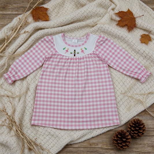 NEW RTS NO MOQ milk silk GLD0610 Embroidery Baby Girls Trees Print Pink Checked Long Sleeve Knee Length Dress