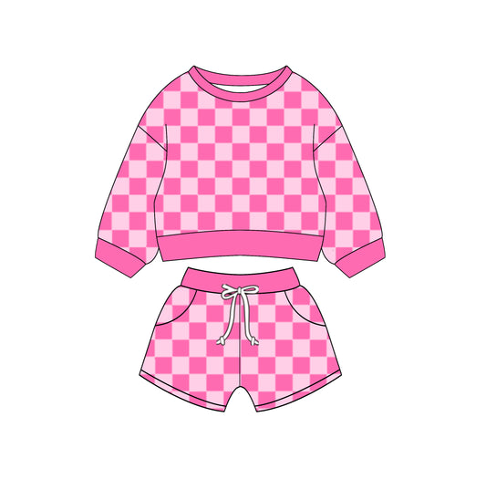 10.27 custom each style moq 5eta 4-6week baby girls clothes pink and white plaid long sleeve shorts sets