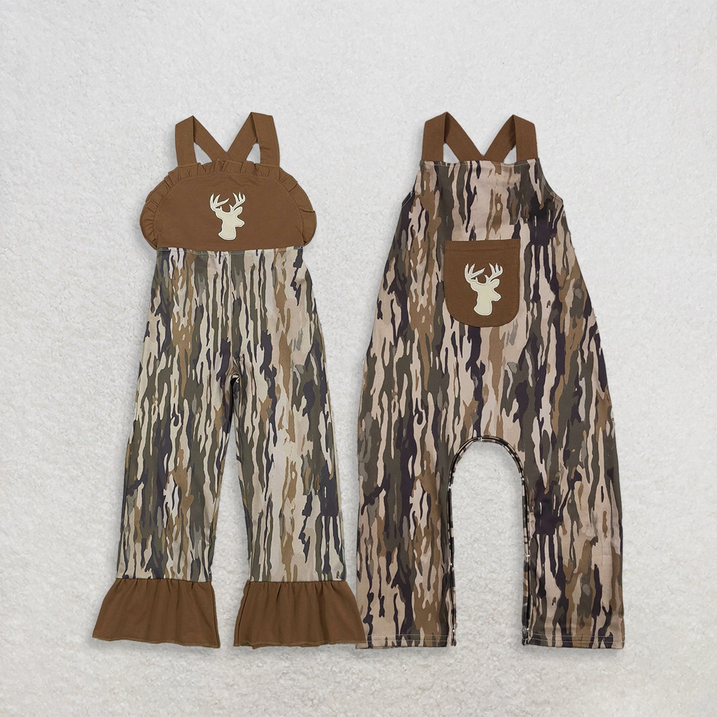 RTS NO MOQ Sibling milk silk Baby Girls Hunting Deer Embroidery Southern Olive Wood Camo Strap Jumpsuits