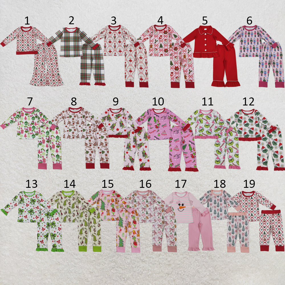 RTS NO MOQ Sibling milk silk Baby Girls Red Bow Santa Print Checked Top Pants Two Piece Christmas Clothes Set