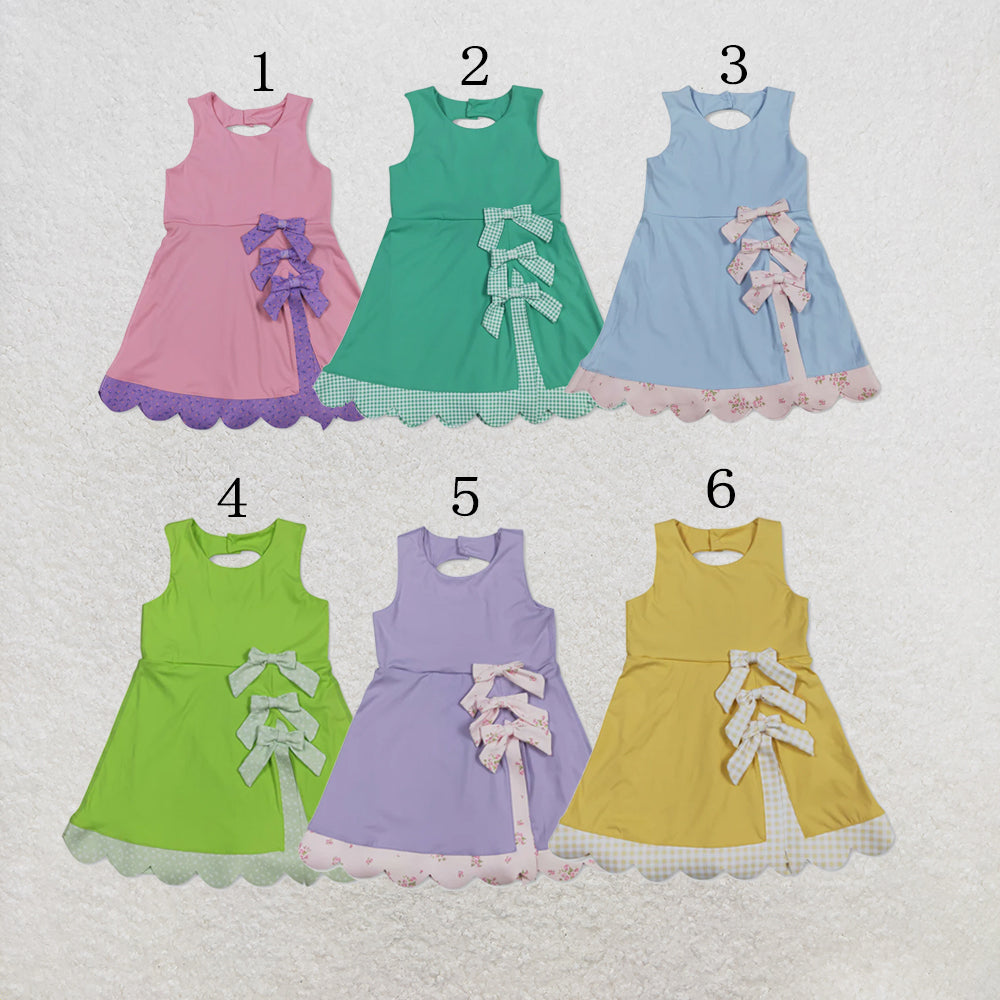 RTS NO MOQ Sibling Yoga Baby Girls Sleeveless Bows Shorts Scallop Knee Length Dresses