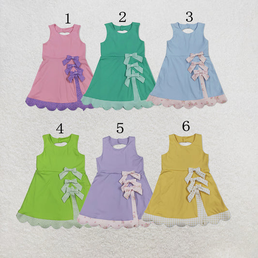 RTS NO MOQ Sibling Yoga Baby Girls Sleeveless Bows Shorts Scallop Knee Length Dresses