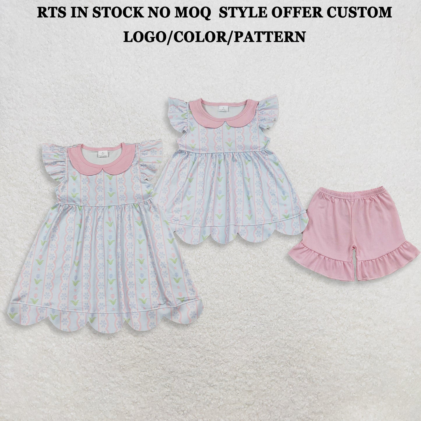 RTS NO MOQ Sibling Baby Girls Flowers Stripe Collar Scallop Tunic Ruffle Short Clothes Sets Dress