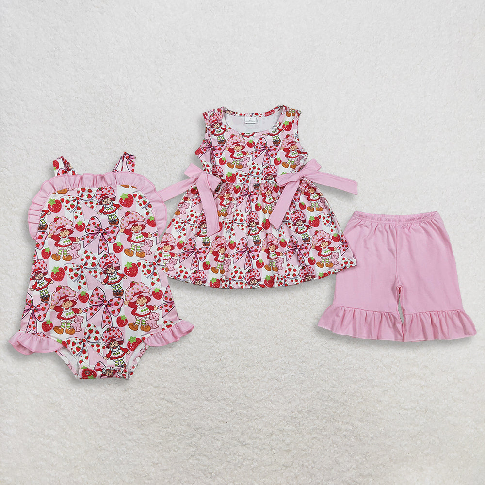 RTS NO MOQ Sibling Cute Clothes Baby Girls Strawberry Print Tunic Ruffle Short Set with Back Bow Rompers