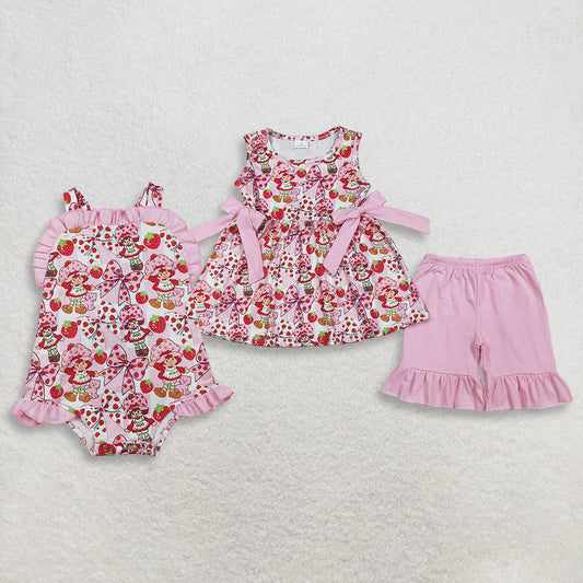 RTS NO MOQ Sibling Cute Clothes Baby Girls Strawberry Print Tunic Ruffle Short Set with Back Bow Rompers