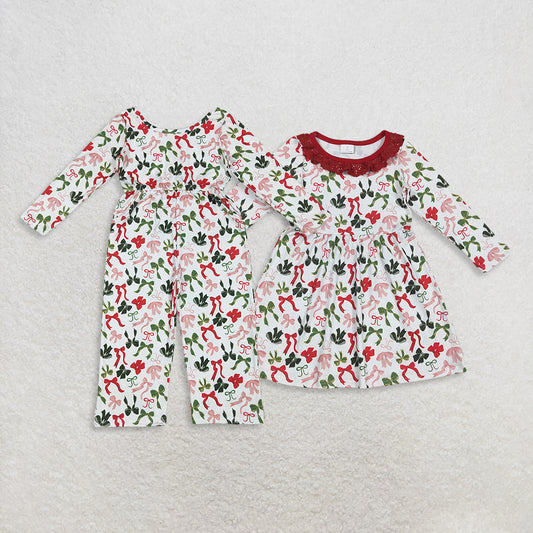 RTS NO MOQ Sibling baby girls Clothes summer Christmas bow long sleeve and jumpsuit