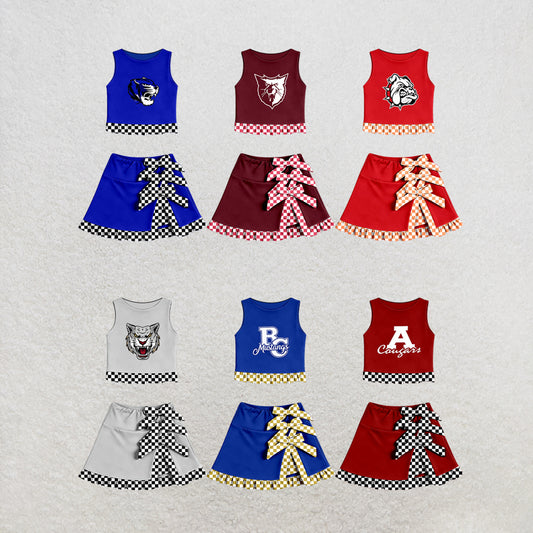 custom moq 5 mix size MSD070604 Baby Girls Summer Vest Checked Bow Scallop Edge Skort  Set