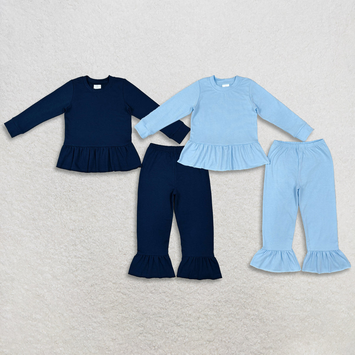 RTS NO MOQ Sibling cotton Baby Girls Solid Color Ruffle Peplum Long Sleeve Top And Flare Pant Set