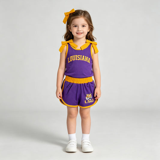 NEW RTS NO MOQ milk silk GSSO3832 Vinyl Baby Girls Team Solid Orange Bow Sleeveless Purple Top Short Bottom Outfit Set