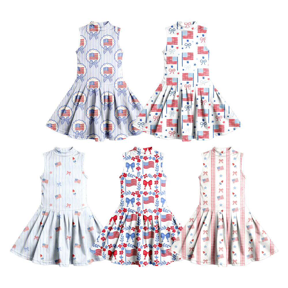 3.7 Custom moq 5 mix size Sibling Baby Girl's 4th of July Sleeveless Knee-Length Yoga Dress Girls' Summer Dress