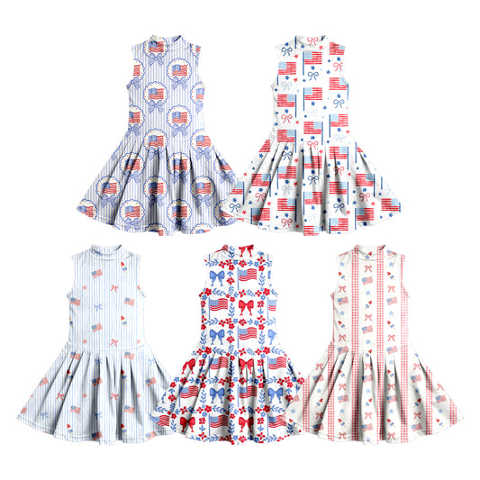3.7 Custom moq 5 mix size Sibling Baby Girl's 4th of July Sleeveless Knee-Length Yoga Dress Girls' Summer Dress