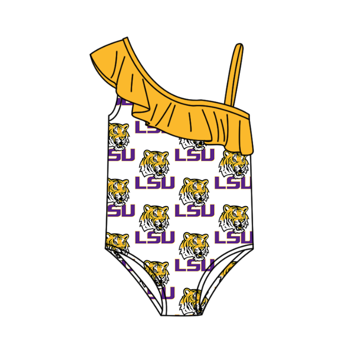Custom moq 5 mix size milk silk summer teams Baby Girl Purple Stripe Two-Piece Swimsuit Set One Piece Swimsuits Boys Swim Trunks