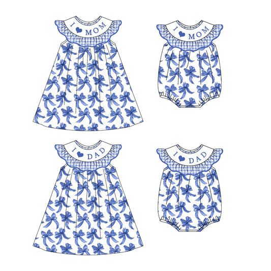 4.22 custom each style moq 5eta 4-6week Sibling Sisters I LOVE MOM DAD bow girl short sleeve dress and rompers match family design